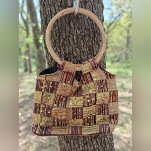 Patchwork Tote Bag with Wooden Handles